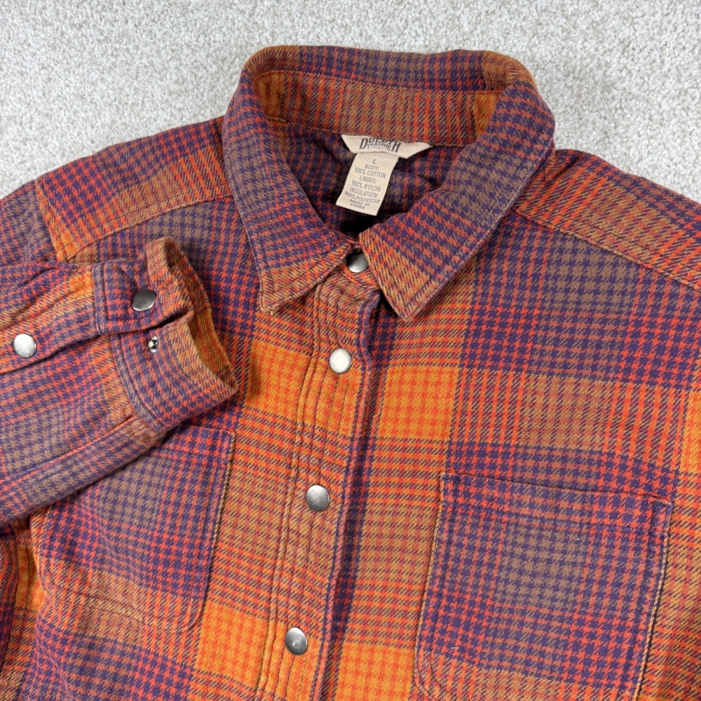Duluth Trading Co Shirt Jacket Women L Orange Plaid Quilted Flannel Insulated